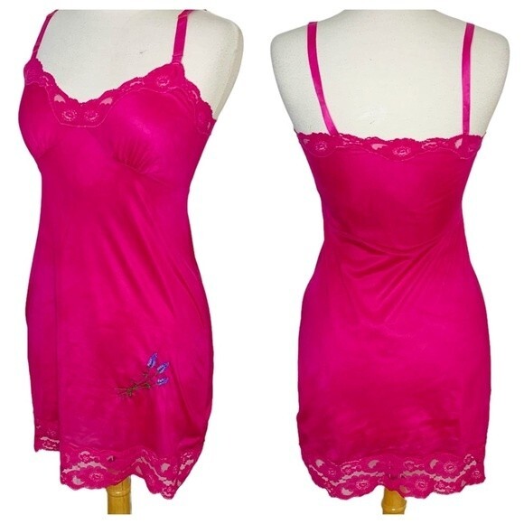 Vintage Lingerie Fuchsia Pink Barbiecore Embroidered  Slip Nightgown - Small - Picture 5 of 8
